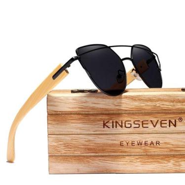 Imagem de Óculos de Sol Kingseven Feminino CatEye Retro Hastes de Madeira com Pr