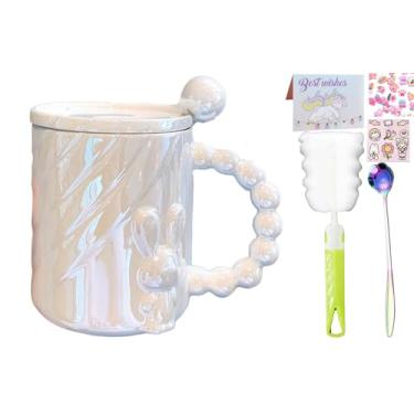 Imagem de seelucky Caneca de café de cerâmica esmaltada pérola com colher para chá com leite latte copo fofo para escritório em casa presente de aniversário feminino (coelho branco 2, 500 ml)