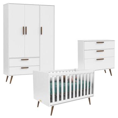 Imagem de Quarto de Bebê 3 Portas com Cômoda Gaveteiro Retro Branco Acetinado Eco Wood - Matic