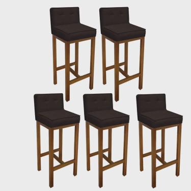 Imagem de Kit 05 Banqueta Alta Com Encosto Alba Cozinha Balcão Bistrô Base Madeira Rústico Suede Marrom - Ahz Móveis