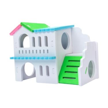 Imagem de Gralara Casa de madeira hamster, duas camadas, cabana, brinquedos de exercício, habitat nidificação na área da plataforma de playground para dormir gaiola, Colorido