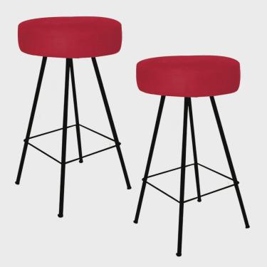 Imagem de Kit 02 Banqueta Alta Laisa Industrial Redonda Cozinha Bar Balcão Bistrô Ferro Preto Suede Vermelho - Ahz Móveis