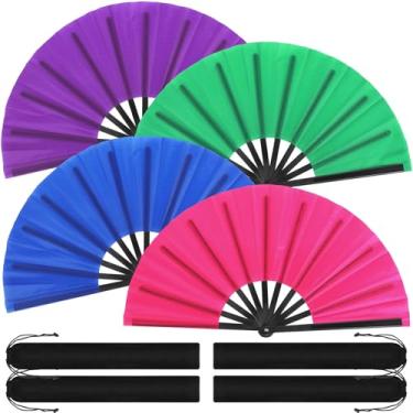 Imagem de Blulu 4 peças de leques grandes chineses dobráveis linha dança poping fãs seda mão clack japonês Kung Fu Tai Chi portátil para homens mulheres festival festa de casamento (cor clássica)
