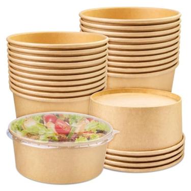 Imagem de Pacote com 25 recipientes descartáveis para alimentos com tampas transparentes, tigelas de papel descartáveis de 1100 ml, recipiente de alimentos de 1,05 l com tampa adequado para salada dietética, sorvete, iogurte e outros alimentos.