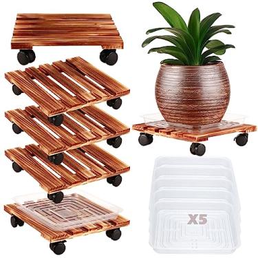 Imagem de Planterhoma Pacote Com 5 Carrinhos Para Plantas Rodas, Resistente, 11,8 Polegadas, Suporte De Madeira Carrinho Plantas, Rodízios Ambientes Internos E Externos, Pires Quadrado
