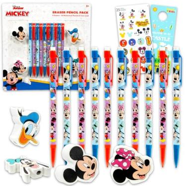 Imagem de Conjunto de 10 lápis mecânicos Mickey e Minnie Mouse para sala de aula – Pacote de material escolar com 10 lápis, 4 borrachas, mais adesivos, mais | Material escolar Mickey e Minnie para crianças
