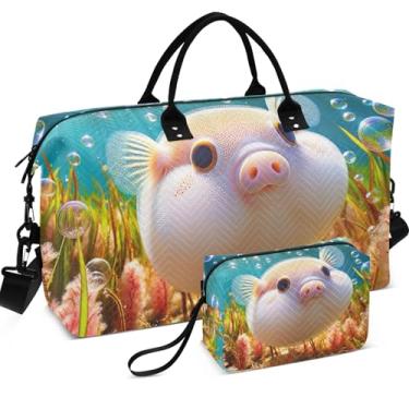 Imagem de Conjunto de 2 bolsas de viagem fofas com animais engraçados, bolsa de maquiagem, bolsa feminina pequena para hospital, Lindo baiacu porco oceano, Clássico