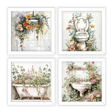 Imagem de Kit 4 quadros decorativos, banheiro, lavabo, florido, luxo (Branco)