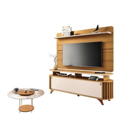 Imagem de Rack Bancada Alba com Painel Curv com Mesa de Centro Sky com Tampo de Vidro Cinamomo Off White - HB Móveis