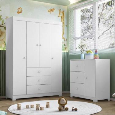 Imagem de Conjunto Infantil Guarda Roupa 4 Portas e Cômoda Ceci 100% MDF Branco 