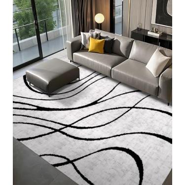 Imagem de YIHOUSE Tapetes modernos para sala de estar, tapete lavável preto e branco, 20 x 25 cm, tapete listrado geométrico abstrato fino, tapete de área para quarto, cozinha, sala de jantar, escritório