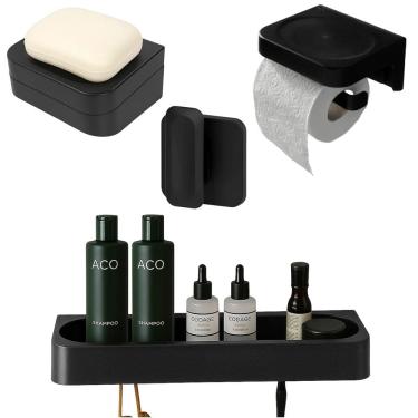 Imagem de Kit Banheiro 4pç Saboneteira + Papeleira + Porta Shampoo + Gancho Com Adesivo Preto - E...