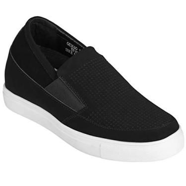 Imagem de Calto sapato masculino invisível com elevação de altura – sapato casual leve de couro preto sem cadarço – 7,6 cm mais alto – G63890, Preto, 7.5