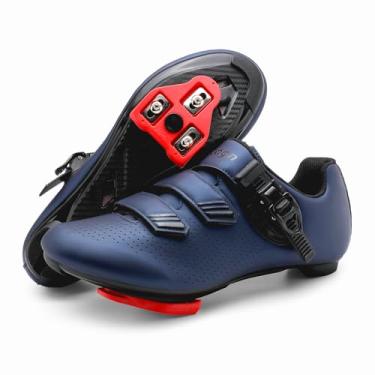 Imagem de Vicogn Tênis de ciclismo interno masculino e feminino compatível com bicicleta Peloton pré-instalado com Look Delta Cleats Outdoor Road Biking, Azul, 12 Women/9.5 Men