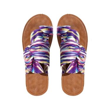 Imagem de OYOANGLE Sandálias femininas coloridas com nó de laço e bico deslizante, confortável, bico aberto, sapatos de praia de verão, Roxa, 39