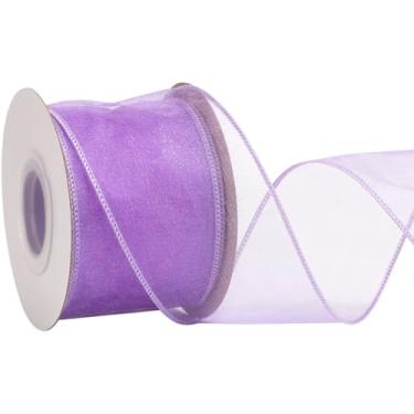 Imagem de Zofrud Fita com fio de organza roxa de 6,5 cm – Fita transparente de 20 metros com borda metálica para embrulho de presente, laços, arranjos florais, artesanato e decorações de casamento