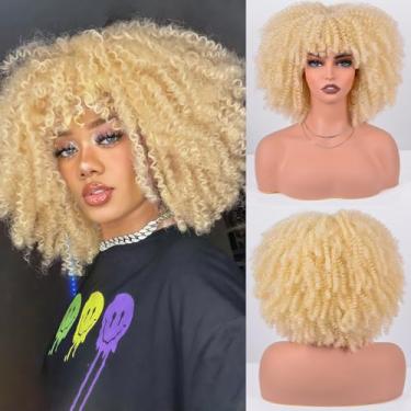 Imagem de Vitorish Perucas De Cabelo Sintético, Peruca Afro Curta E Cacheada Com Franja, Natural, Crespa, 12 Polegadas, Aproximadamente 280 G/Peça, Resistente Ao Calor, Substituição (Dourada)