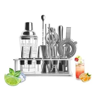 Imagem de Conjunto de coqueteleira de 19 peças, conjunto profissional de ferramentas de barra de aço inoxidável, kit de barman com suporte, kit de barman para conjunto de coqueteleiras de bar de mistura de
