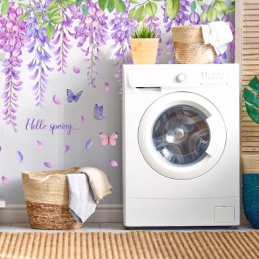 Imagem de ZARROUEA Decalques de parede de videira verde pendurados, plantas suculentas, glicínias, flores florais, borboletas, pássaros, adesivos de parede, vinil autoadesivo, removível, sala de estar, sofá, TV