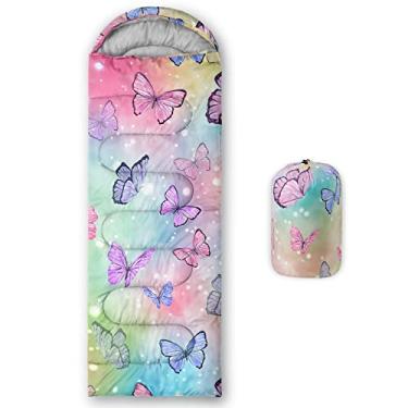 Imagem de QOOMO Sacos de dormir coloridos à prova d'água borboleta para adultos e crianças, sacos de dormir impressos para acampamento, clima quente e frio, leve e ao ar livre, equipamento de acampamento, 78,7