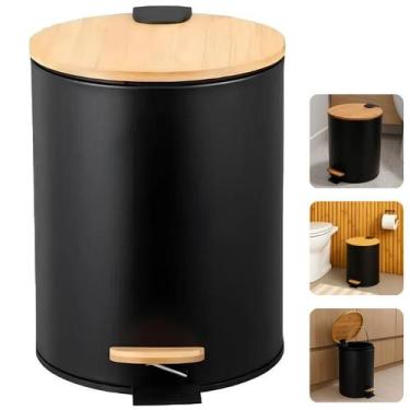 Imagem de Lixeira Redonda 5 Litros Preto Bambu Pedal Abertura Silenciosa Cozinha