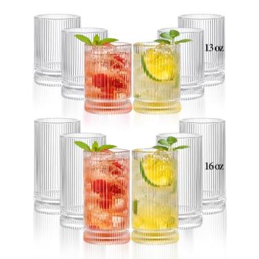 Imagem de megarte Copos de vidro com nervuras vintage, 12 peças - 6 copos altos com nervuras de 473 ml e 6 copos curtos com nervuras 368 g, vidro transparente para café, coquetéis, vitaminas, suco, cerveja