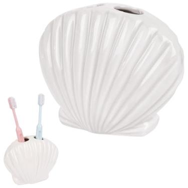 Imagem de DODAMOUR Suporte de escova de dentes de cerâmica, design de concha rosa com 2 compartimentos, organizador de escova de dentes moderno, suporte decorativo para pia de banheiro e bancada (rosa)