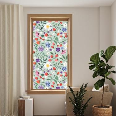 Imagem de Janela de flores e morangos, adesivo estático floral removível colorido, decorações de janela estática dupla face para sala de estar, banheiro, escritório