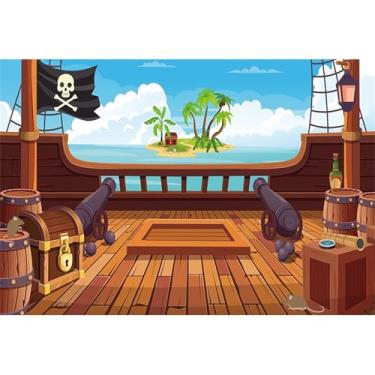 Imagem de dnldliq Pano de fundo vintage de navio pirata de 3 x 2,4 m, barris de madeira, navio à vela oceano, fundo de piratas, tema pirata, decorações de festa, adereços para fotos