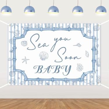 Imagem de Pano de fundo Sea You Soon Baby 1,5 x 0,9 m - Fundo de fotografia de chá de bebê tema oceano para meninas, decoração de anúncio de gravidez na praia, listras azuis sob o mar, suprimentos de festa