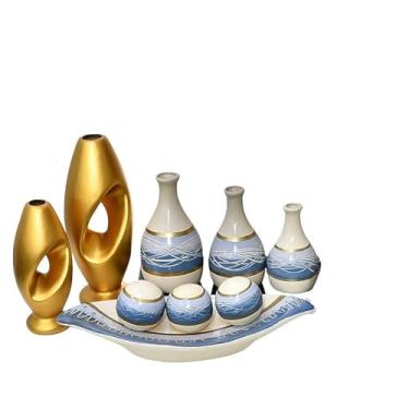 Imagem de Vasos Decorativos Para Sala,Enfeite 9 Vasos Peça Decorativo Kit Cerâmica Rack Sala Conjunto Completo Trio Casa Centro Mesa Dupla(OCEANO DOURADO 9PÇS)