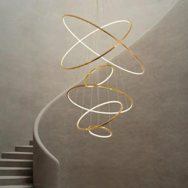 Imagem de Lustre Pendente LED Dourado com 6 Anéis – 210W | Cabo Ajustável 3m | Luz Branca Quente 3000K | Bivolt