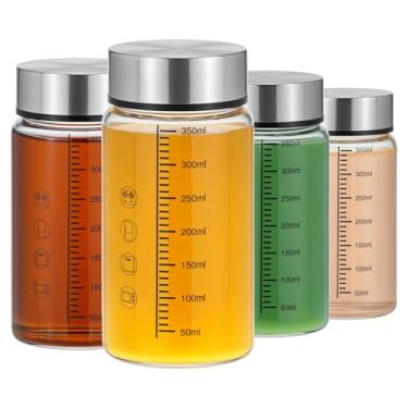 Imagem de QWORK Conjunto de garrafas de suco de vidro, pacote com 4 garrafas de água de vidro borossilicato de 350 ml com tampas de aço inoxidável, garrafa agitadora de boca larga