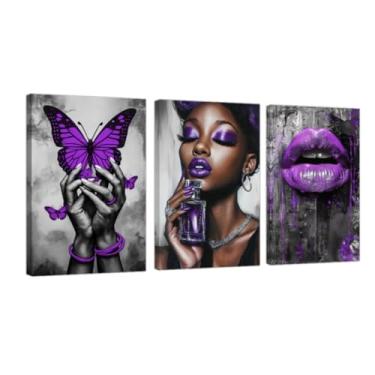Imagem de DOARTDO 3 peças de arte de parede em tela roxa impressão de pintura de mulher negra imagens afro-americanas roxo decoração de quarto de menina para quarto banheiro casa emoldurada (12"x16"x3)