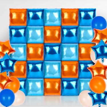 Imagem de JarThenaAMCS 47 Pcs Blue and Orange Square Foil Balloons Wall Backdrop 19 Inch Square Balloon Tunnel Arch Garland Kit Foil Star Balloon Latex Balloons for Birthday Baby Shower Wedding