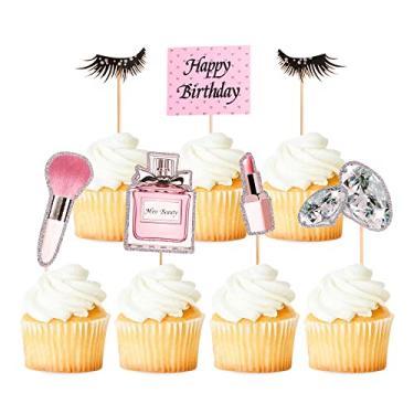 Imagem de ZpiLkes 35 peças de glitter para maquiagem de cupcake, batom, perfume, cílios, cosméticos, decorações de bolo de festa de aniversário para chá de panela, despedida de solteira, maquiagem, salão de