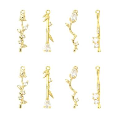 Imagem de UR URLIFEHALL 8 peças, 4 estilos, pingentes de rosas de zircônia cúbica, banhado a ouro 18 K, pingentes de ramo de flores para fazer você mesmo, pulseira, colar, bijuteria