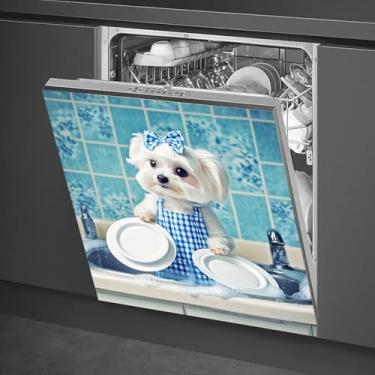 Imagem de HOMETITUTE Capa magnética para lava-louças 58 x 66 cm fofo filhote de cachorro lavando pratos em avental guingão azul capa magnética para lava-louças para decoração de utensílios de cozinha, painel