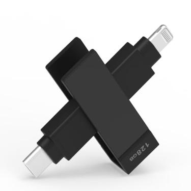 Imagem de PioData Pendrive USB tipo C e Lightning 2 em 1 iXflash de 128 GB para iPhone, iPad, Apple, MFi, certificado preto | Bastão de fotos de backup | Transferir fotos, vídeos e arquivos