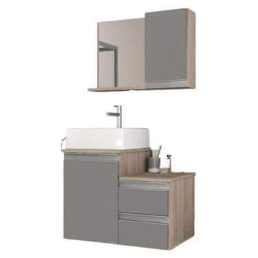 Imagem de Conjunto para Banheiro 60cm, Armário com Gaveteiro e Espelho, Gabinete de Banheiro Completo para Lavabo(Madeirado/Cinza)