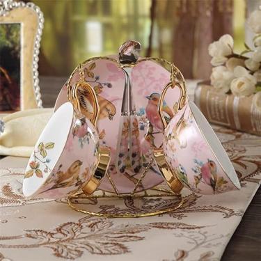 Imagem de GRFIT Caneca Pássaro Pastoral Osso China Chávena de Chá Pires Conjunto de Colher Europa Porcelana Xícara de Café 200ml Bandeja de Caneca de Café Copo de Café de Festa (Cor: 2 Copos n Suporte)