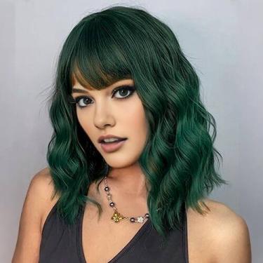 Imagem de Peruca AGO Short Bob Verde Escuro Loose Wave 35 cm com franja