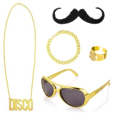 Imagem de Conjunto de acessórios de roupas hippie masculinas dos anos 60 e 70, acessórios para fantasia de discoteca, colar de discoteca, anel de símbolo de dólar, óculos de sol, barba hippie, óculos de