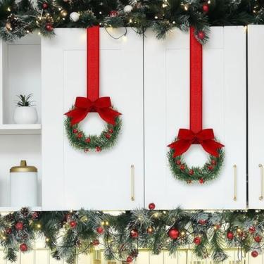 Imagem de 1 guirlanda de armário de pinha de Natal com fita, mini guirlanda de armário para cozinha com laços de fita, guirlanda de janela pequena para janela de porta, decoração de festa de Natal de casa de