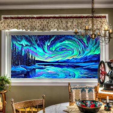Imagem de HOMETITUTE Adesivo de janela Aurora Boreal Northern Lights Película de janela paisagem montanha lago decalque de parede removível para sala de estar quarto escritório loja decoração de vidro 100 × 48
