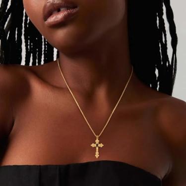 Imagem de Colar feminino com pingente de cruz de ouro delicado banhado a ouro 14 K, simples, minimalista, delicado, feito à mão, joia moderna, Medium, Latão, Sem Pedra Preciosa