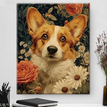 Imagem de Arte de parede botânica vintage emoldurada Pembroke Welsh Corgi Dog - Dark Academia Flowers Decoração de parede para quarto, sala de estar, casa, 20 x 25 cm