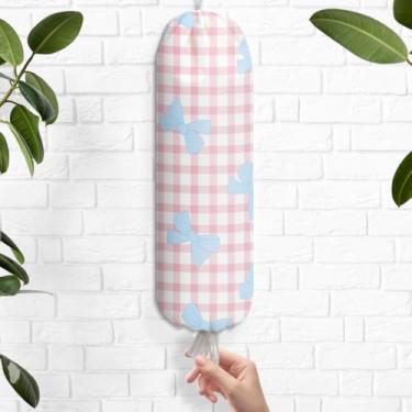 Imagem de Suporte de saco de plástico Coquette Bow, suporte de sacola de compras xadrez rosa para sacolas plásticas, dispensador de armazenamento reutilizável para decoração de casa, cozinha, carro