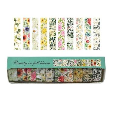 Imagem de Conjunto de 10 rolos de adesivos Washi de 2 m, adesivos com padrão de flores decorativos para artes faça-você-mesmo artesanato suprimentos de diário scrapbook cartão embrulho