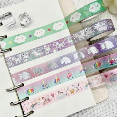 Imagem de Conjunto de 5 rolos de adesivos Washi de 3 m, adesivos com padrão de unicórnio decorativos para artes faça-você-mesmo artesanato suprimentos de diário scrapbook cartão embrulho